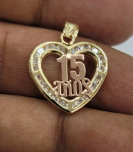Load image into Gallery viewer, 10KT 15 Anos Heart Real Gold pendant ,Diamond cut, 1.10 Grms, 2.5 mm Bail.

