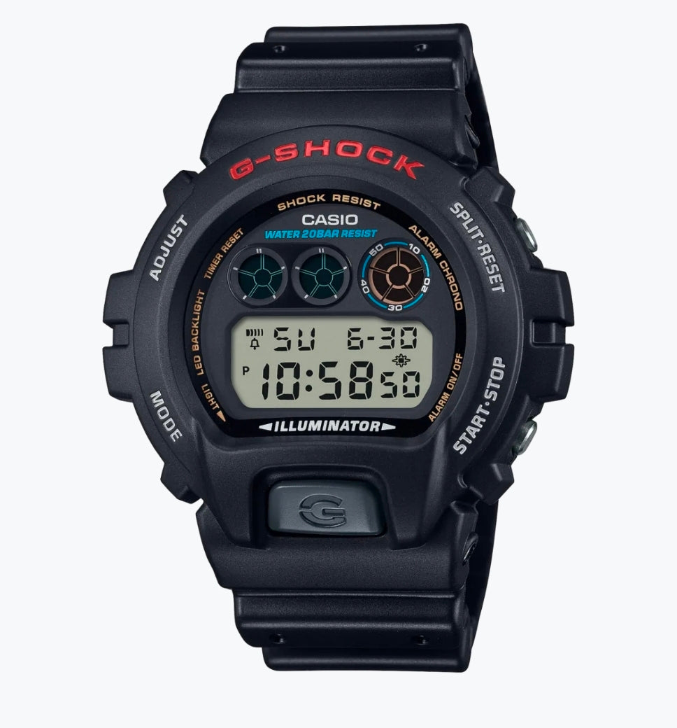 Casio G-Shock DW-6900 classic digital men's watch, black resin, triple-graph display, front-facing light button
