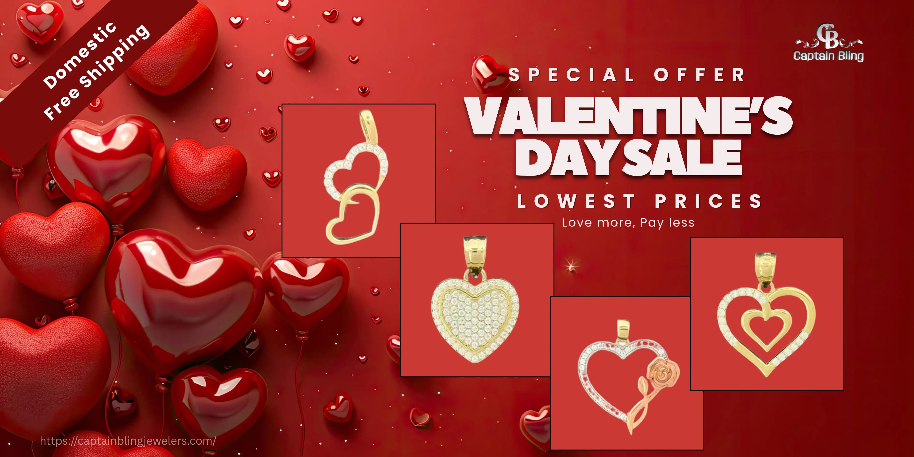 Valentine's Day sale advertisement with heart-themed products on a red background